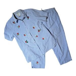 Vtg 1990s Quacker Factory Blue Gingham Ladybug Embroidered 2 Pc Outfit Set Sz M